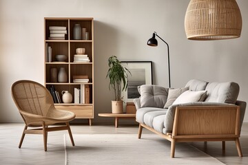 Nordic Elegance: Scandinavian Simplicity Bamboo Furniture Living Room Ideas with Bamboo Lamp in Neutral Palette