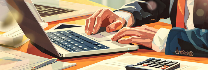 Illustration of a Businessman using laptop and calculator to do taxes calculation - obrazy, fototapety, plakaty