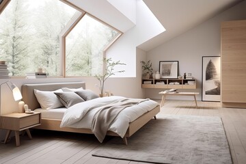 Fototapeta na wymiar Scandinavian Serenity: Neutral Color Palette Bedroom Designs with Light Wood and White Linens