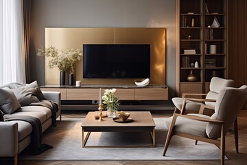 Golden Accents in Sleek Nordic Living Room with Wooden Coffee Table