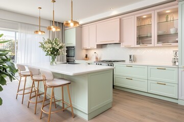 Soft Pastel Kitchen Decors: Mint Green Island and White Cabinets Oasis