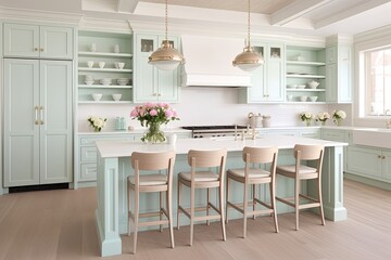 Soft Pastel Kitchen Decors: Mint Green Island & White Cabinets in Contemporary Design