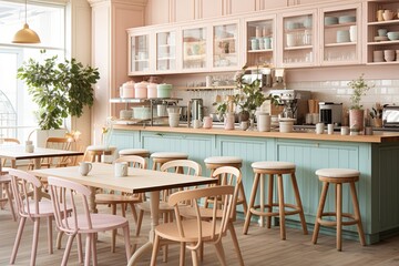 Fototapeta na wymiar Pastel Perfection: Chic Bistro Vibes with Cozy Cafe Feel and Wooden Coffee Bar