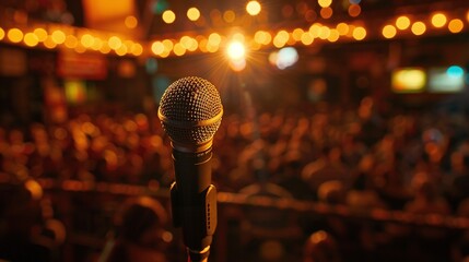 expectant audience awaits as spotlight illuminates microphone stand on stage, setting the scene for memorable live performance or compelling speech