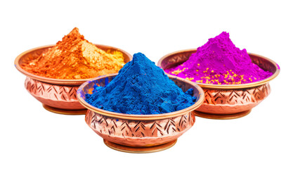 Holi powders in copper bowls. Colorful powder paint for indian spring of colors festival in pots. Isolated on background