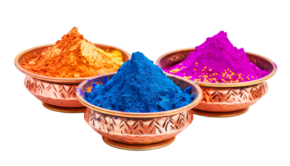 Holi powders in copper bowls. Colorful powder paint for indian spring of colors festival in pots. Isolated on background
