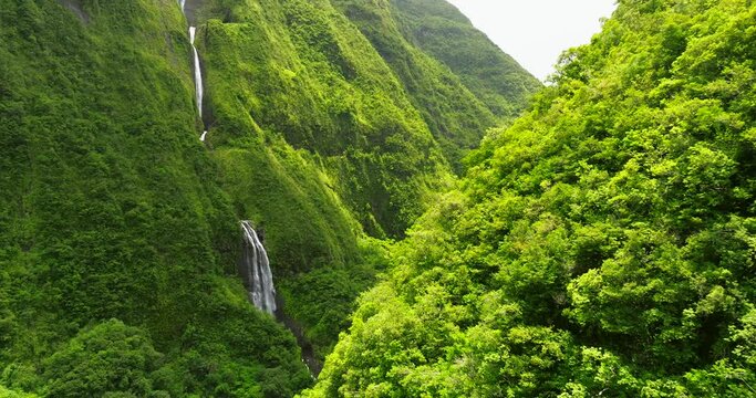 Cascade Blanche waterfall in Reunion island, aerial view, green forest