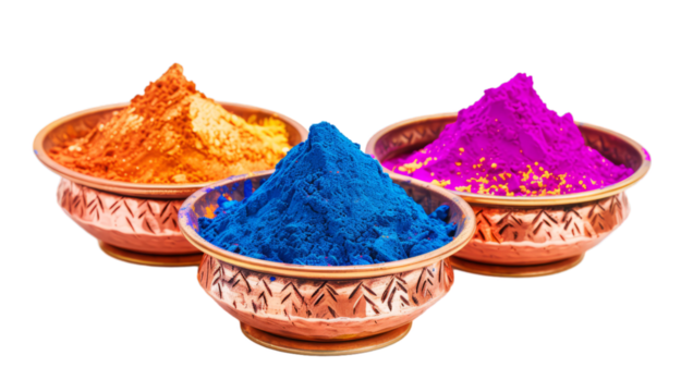 Holi powders in copper bowls. Colorful powder paint for indian spring of colors festival in pots. Isolated on background - Powered by Adobe