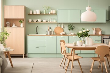 Fototapeta na wymiar Soft Pastel Kitchen Decors: Nordic Vibes with Mint Cabinets and Wooden Dining Table