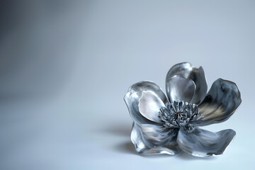 silver metal flower sculpture on a light background, with copy space