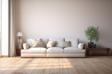 White sofa placed against the wall in a bright living room with large window and laminate flooring