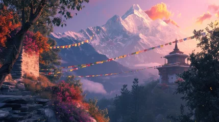 Photo sur Plexiglas Himalaya A serene temple adorned with colorful prayer flags stands against the backdrop of majestic snowy mountains illuminated by the sunrise. Resplendent.