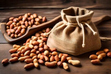 beans in a bag , Transport yourself to a rustic setting where a miniature burlap bag sits atop a wooden surface, filled with wholesome peanuts waiting to be enjoyed