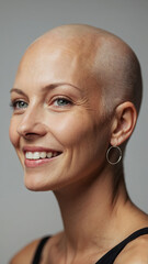 Smiling white young woman without hair who beat cancer. As a symbol of positive thinking in the fight against cancer.