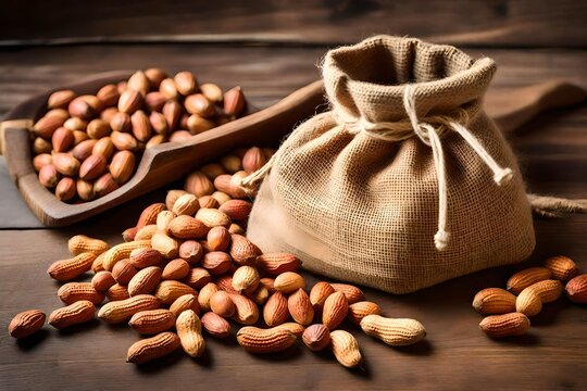 beans in a bag , Transport yourself to a rustic setting where a miniature burlap bag sits atop a wooden surface, filled with wholesome peanuts waiting to be enjoyed