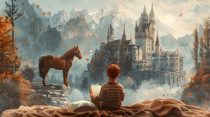 a red-haired boy is sitting on the bed and reading a book, behind him is a fairy-tale castle, a brown horse, a knight, fairy-tale characters, world Book Day