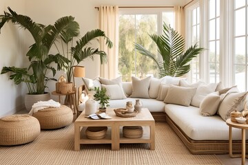 Sunkissed Coastal Retreat: Sunken Living Room Design with Rattan Furniture, Light Curtains, and Houseplants