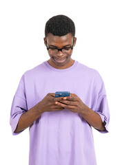 Happy african man typing in phone, portrait in purple t-shirt. Online browse internet, isolated over white background. Concept of online shopping and social media