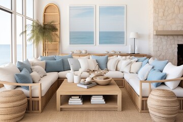 Coastal Serenity: Sunken Lounge With Wooden Furniture, Blue Accents, Rattan Rug