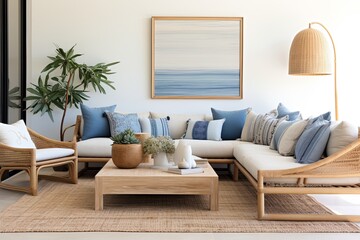 Coastal Serenity: Sunken Lounge with Blue Accents, Rattan Rug, and Wooden Furniture