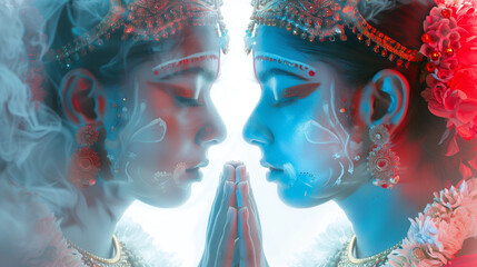  Indian Goddesses Praying Together - obrazy, fototapety, plakaty