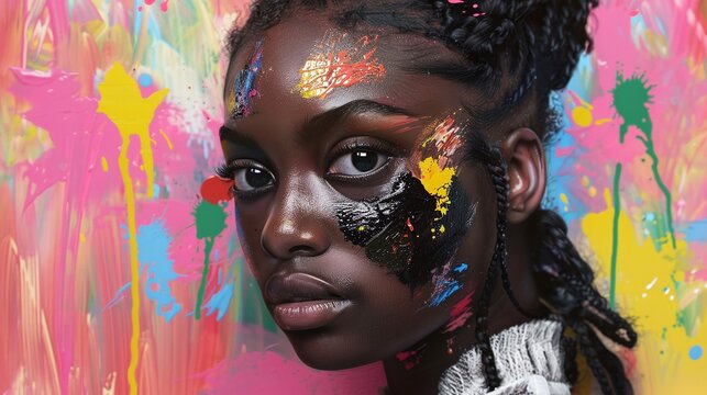 celebrate african beauty and creativity, a captivating painting of a pretty young woman with vibrant paint on her face