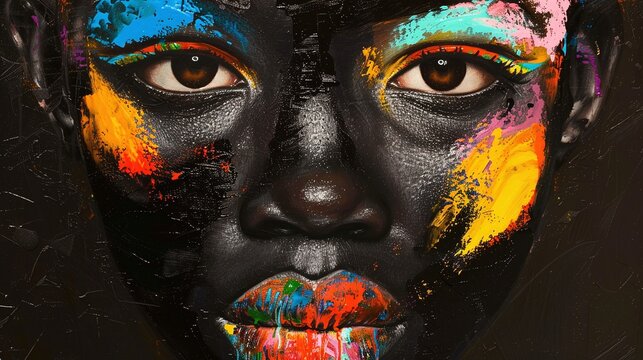 capture the essence of feminine beauty, a striking portrait of a young african woman adorned with colorful paint