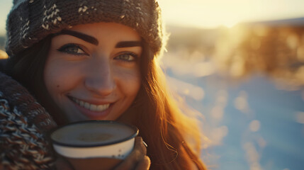 Uma jovem mulher sorridente com uma xícara de café e um nascer do sol suave ao fundo Enquadramento próximo com lente 50mm - obrazy, fototapety, plakaty