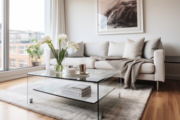Fototapeta na wymiar Glass Coffee Table Decor: Scandinavian Urban Apartment with Modern Art and Cozy Rug