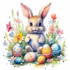 Easter bunny and easter eggs watercolor clipart
