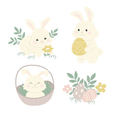 Fototapeta premium Set of Easter bunnies. Cute holiday characters. Traditional symbol of the Easter hunt. Colorful eggs for religious celebration