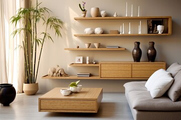 Chic City Apartment Living Room with Bamboo Wall-Mounted Shelves: Contemporary Bamboo Furniture Design Ideas
