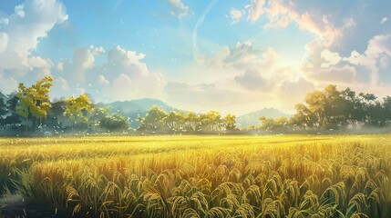 countryside farm scene with yellow rice ears and ripening crops under autumn sunlight, portraying abundant harvest