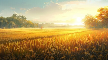 paddy field landscape with ripening crops in golden autumn sunlight, showcasing bountiful harvest concept