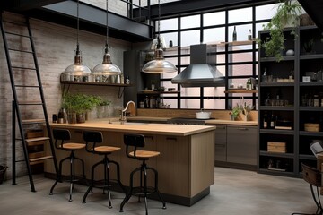 Minimalist Textiles in Urban Chic Kitchen: Wooden Cabinetry & Steel Fixtures in Industrial Loft Concepts