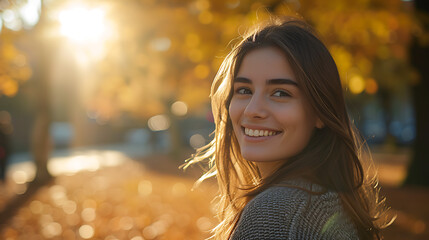 Jovem mulher sorrindo em passeio ensolarado no parque com folhas de outono ao fundo