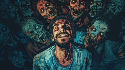 embracing nonconformity, a smiling man stands against the brain washed crowd of zombies