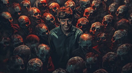 smiling man standing amidst zombies, embracing individuality and thinking differently - obrazy, fototapety, plakaty