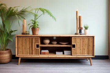 Bamboo Furniture Living Room Ideas: Retro Prints and Nostalgic Touch with Bamboo TV Stand