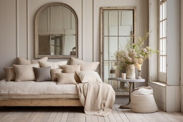 Vintage Retreat: Timeless Beauty with Neutral Color Palette Bedroom Designs Featuring Pastel Decor and Antique Mirrors