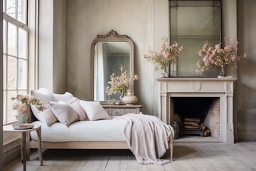 Vintage Retreat: Timeless Beauty in Neutral Bedroom Designs with Pastel Decor and Antique Mirrors