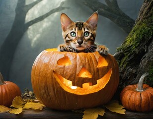 Happy Halloween. Katze im K&uuml;rbis, S&uuml;&szlig;es Halloweenbild. Tiere und Halloween. Halloween Tiere. K&uuml;rbis mit Katze. Bengalkatze. Perserkatze. 