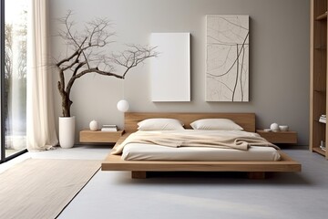 Zen Oasis: Serene Minimalist Bedroom with Soft Linens and Wooden Furniture