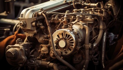 Industrial background. Engine of an old car