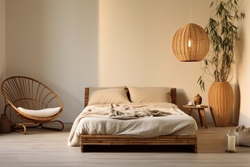 Rattan Retreat: Zen-Infused Minimalist Bedroom with Wooden Furniture and Soft Lighting