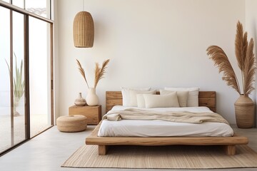 Zen Vibes: Minimalist Bedroom with Wooden Bed, Soft Linens, and Rattan Decor