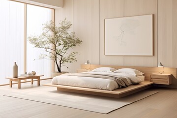 Zen-Inspired Minimalist Bedroom: Wooden Furniture, White Linens, Soft Colors Harmony