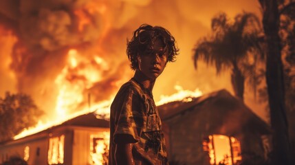 Fototapeta premium Young person, casual attire, standing before a house engulfed in flames, dusk lighting, expression of shock or disbelief, emergency situation