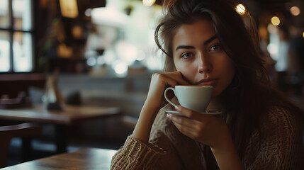 Um momento de tranquilidade mulher elegante desfrutando de um café em um ambiente acolhedor com luz natural suave - obrazy, fototapety, plakaty