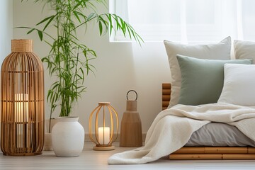 Zen-Style Bedroom: Bamboo Lamp, Cozy Cushions, Green Plants Oasis